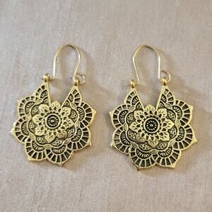 boho floral mandala distressed gold tone earrings